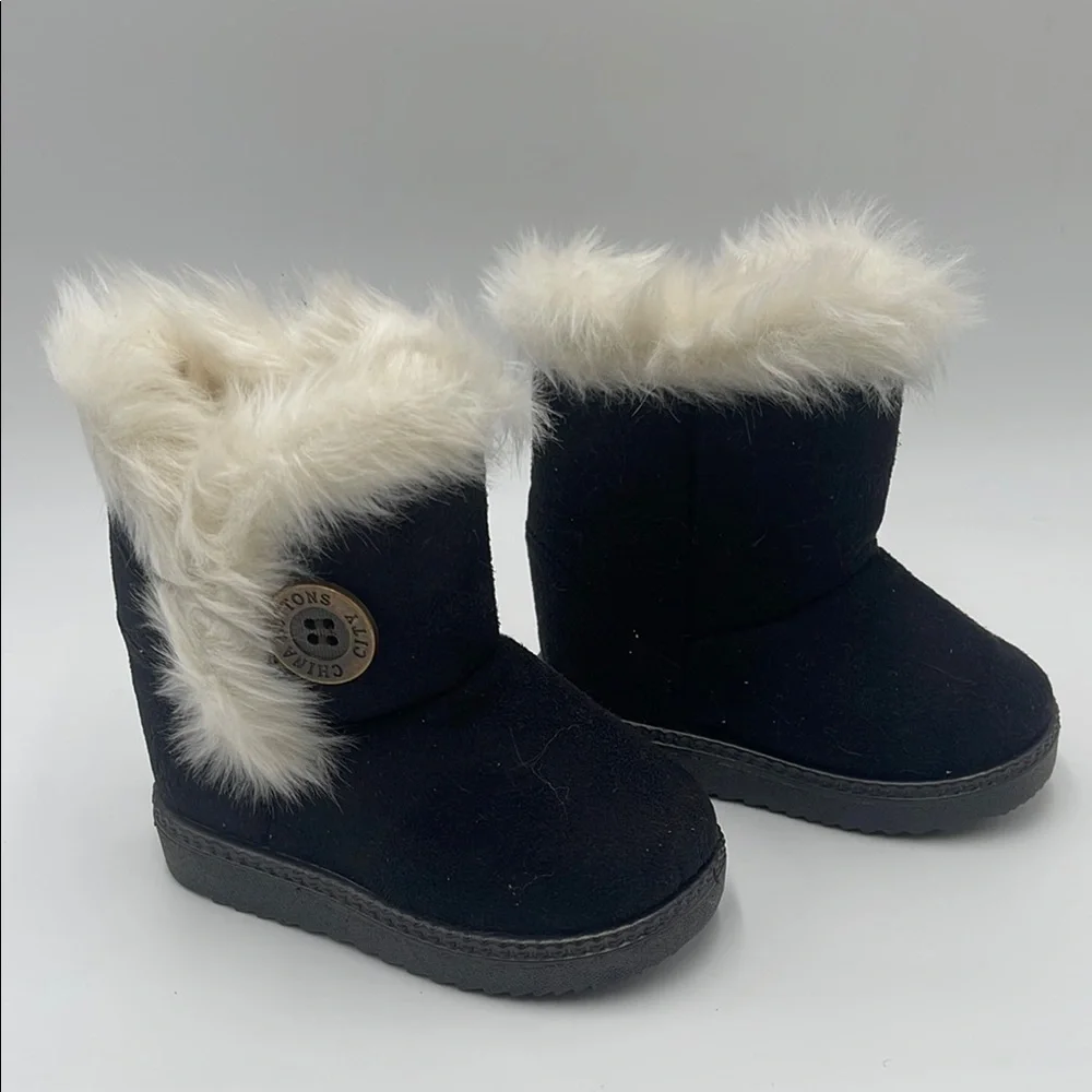 China Buttons City Toddler Girls Boots Black Faux Fur Lined Boots Size 21 - Picture 1 of 8